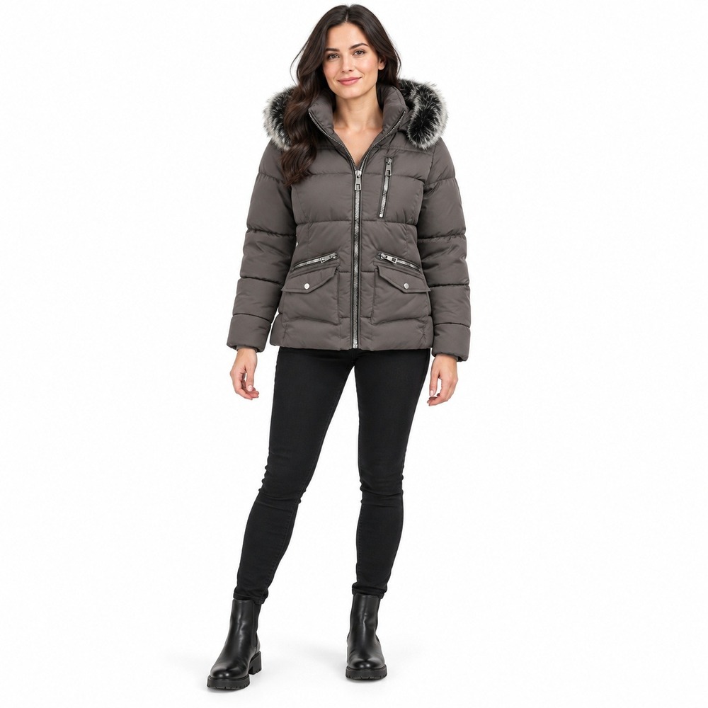 HOW DARE U Womens M Dark Grey Quilted Puffer Jacket Faux Fur Hood Lining NWT